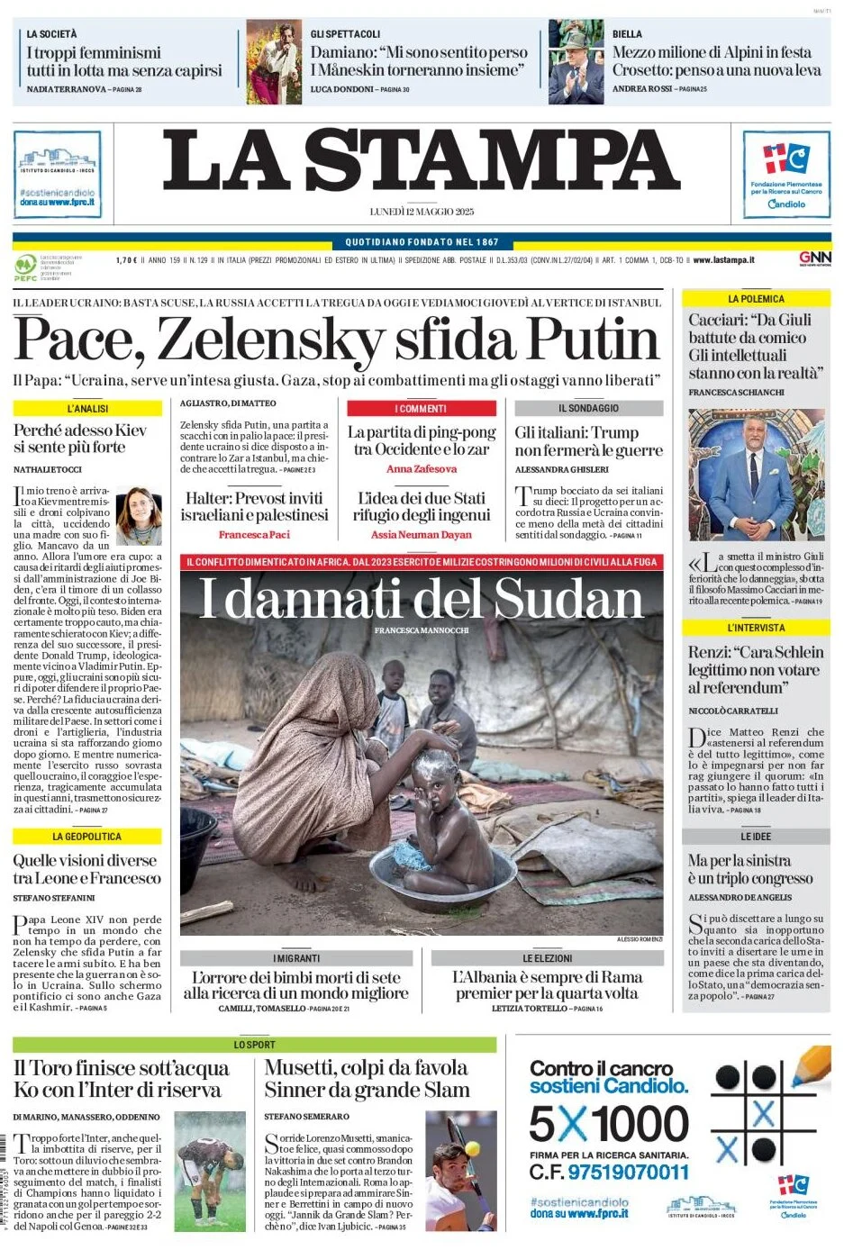 anteprima della prima pagina di la-stampa del 12/05/2025