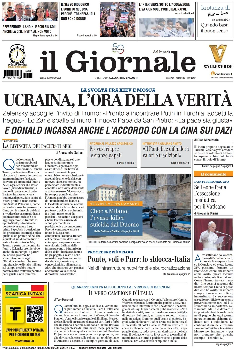 anteprima della prima pagina di il-giornale del 12/05/2025