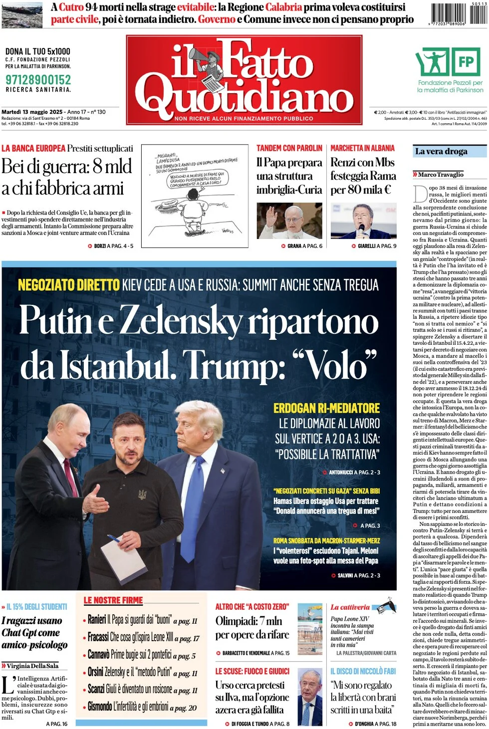 anteprima della prima pagina di il-fatto-quotidiano del 13/05/2025