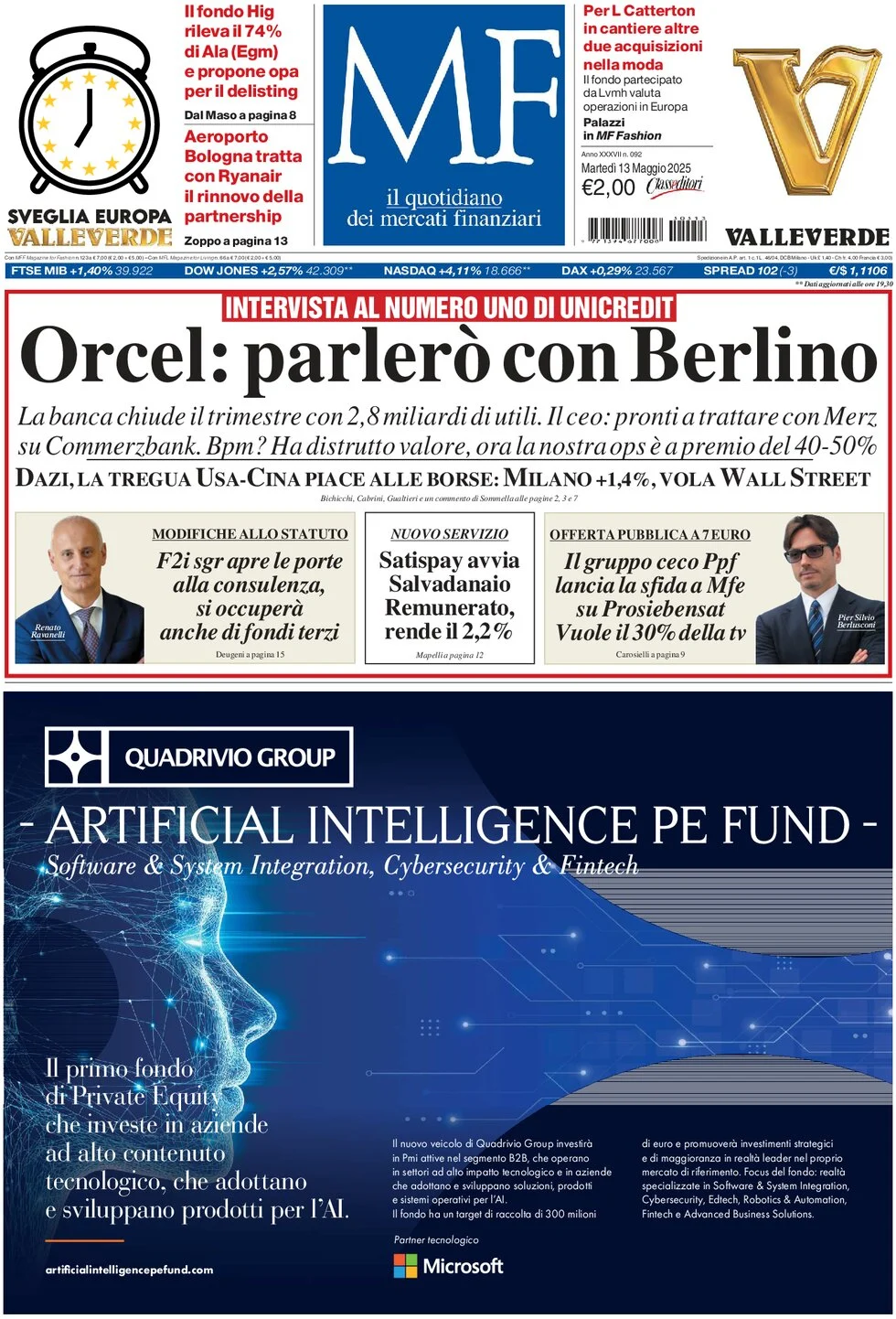 anteprima della prima pagina di mf-milano-finanza del 13/05/2025