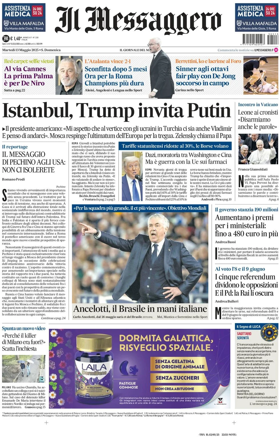 anteprima della prima pagina di il-messaggero del 13/05/2025