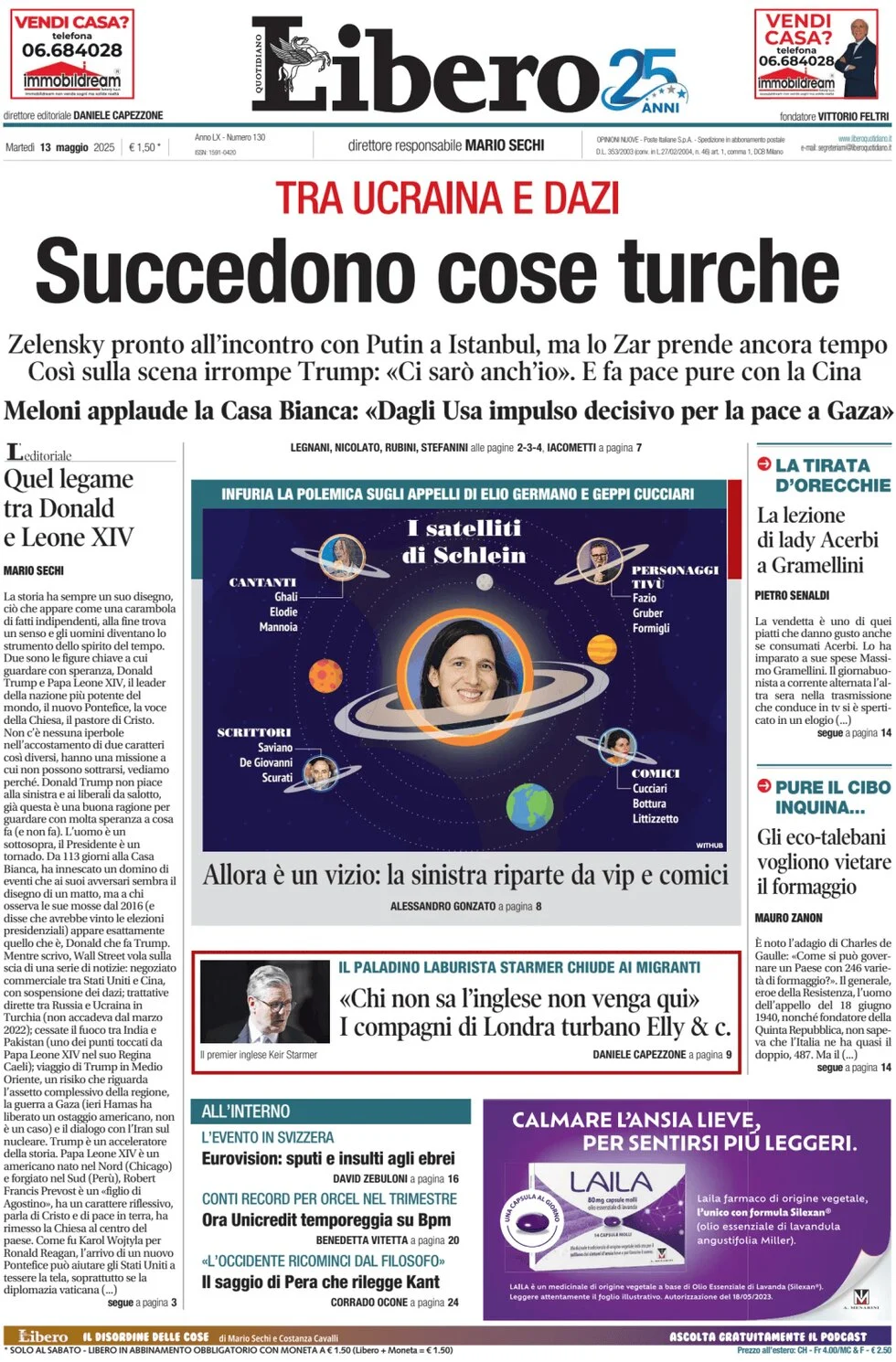 anteprima della prima pagina di libero-quotidiano del 13/05/2025