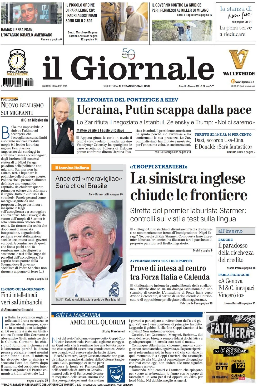 anteprima della prima pagina di il-giornale del 13/05/2025
