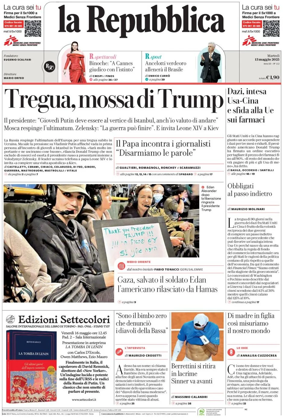 anteprima della prima pagina di la-repubblica del 13/05/2025