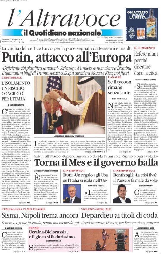 anteprima della prima pagina di il-quotidiano-del-sud-laltravoce del 14/05/2025