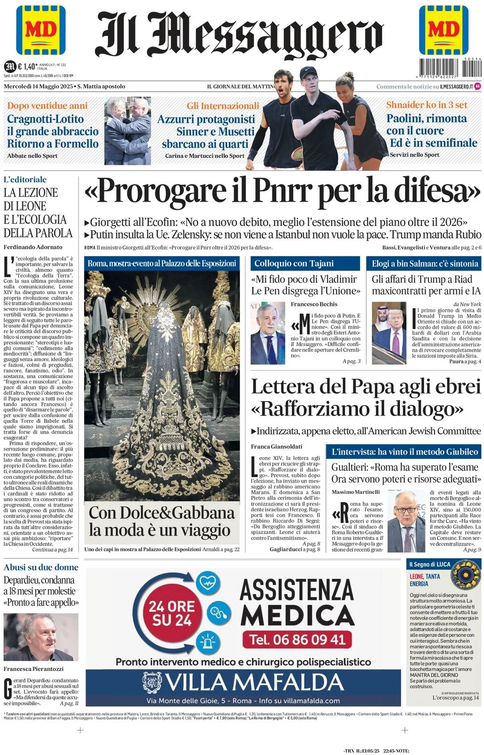 anteprima della prima pagina di il-messaggero del 14/05/2025