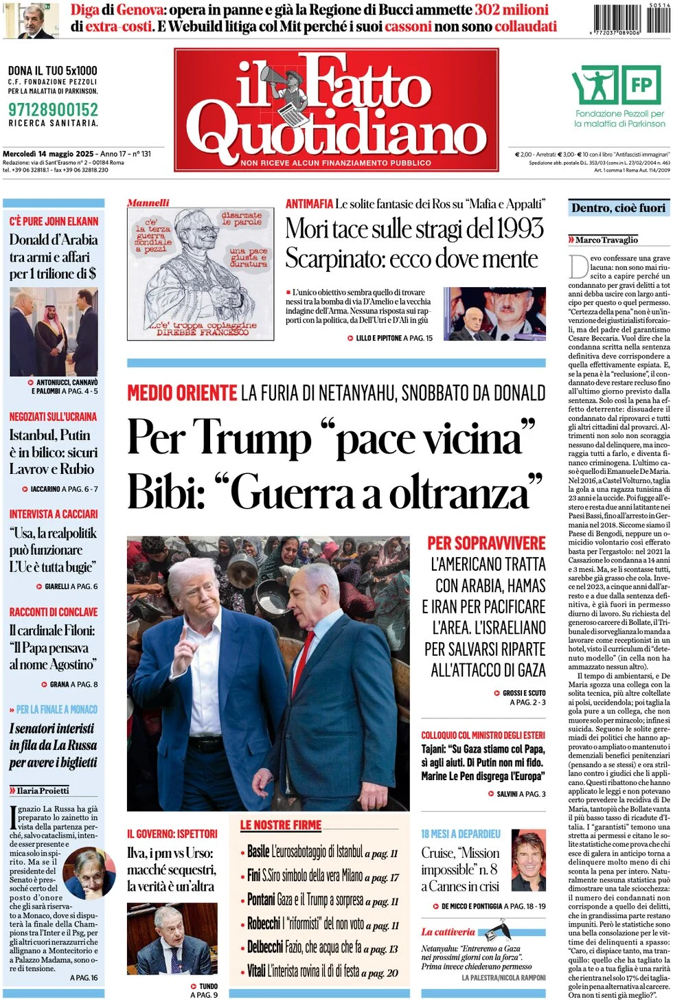 anteprima della prima pagina di il-fatto-quotidiano del 14/05/2025