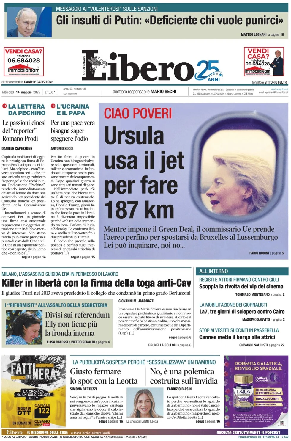anteprima della prima pagina di libero-quotidiano del 14/05/2025
