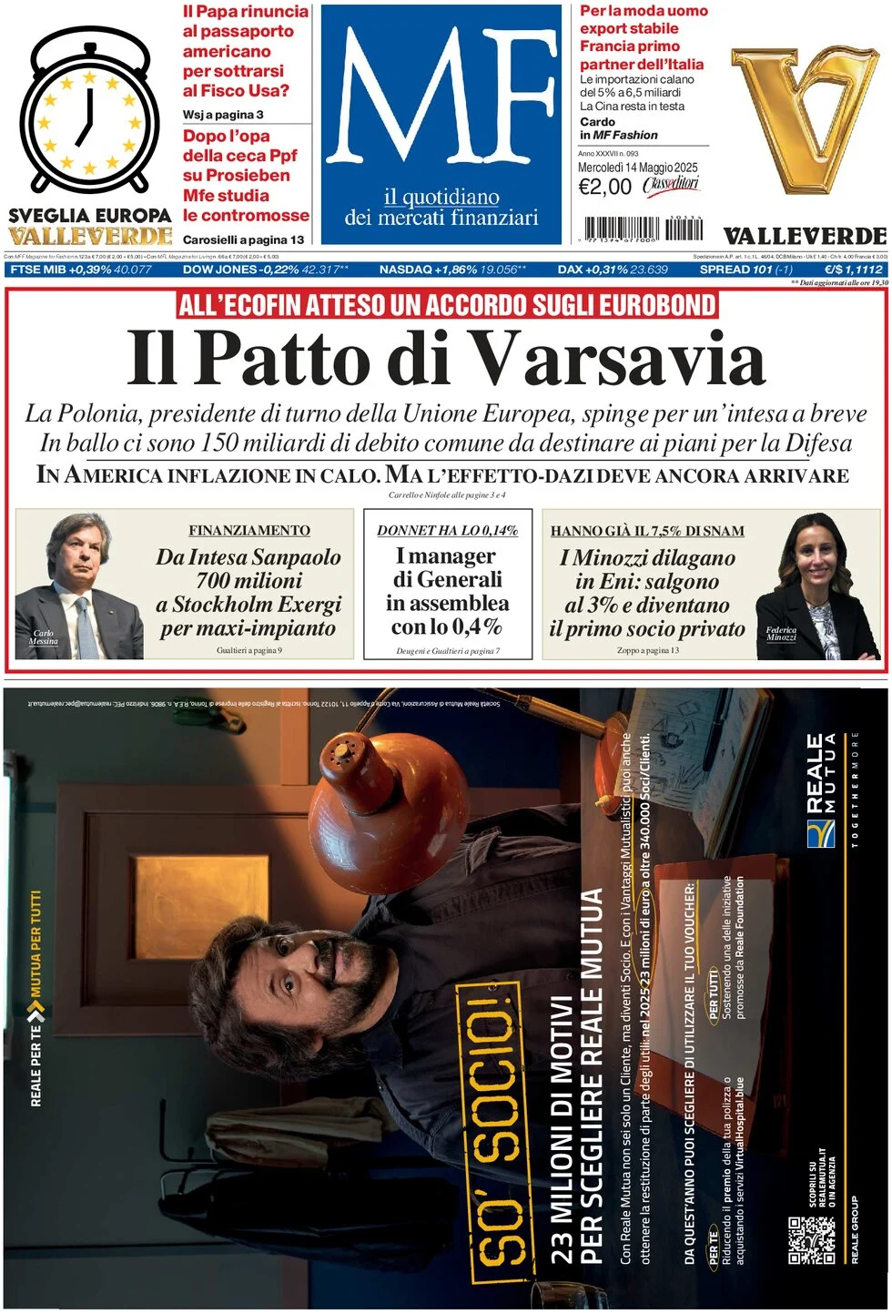 anteprima della prima pagina di mf-milano-finanza del 14/05/2025