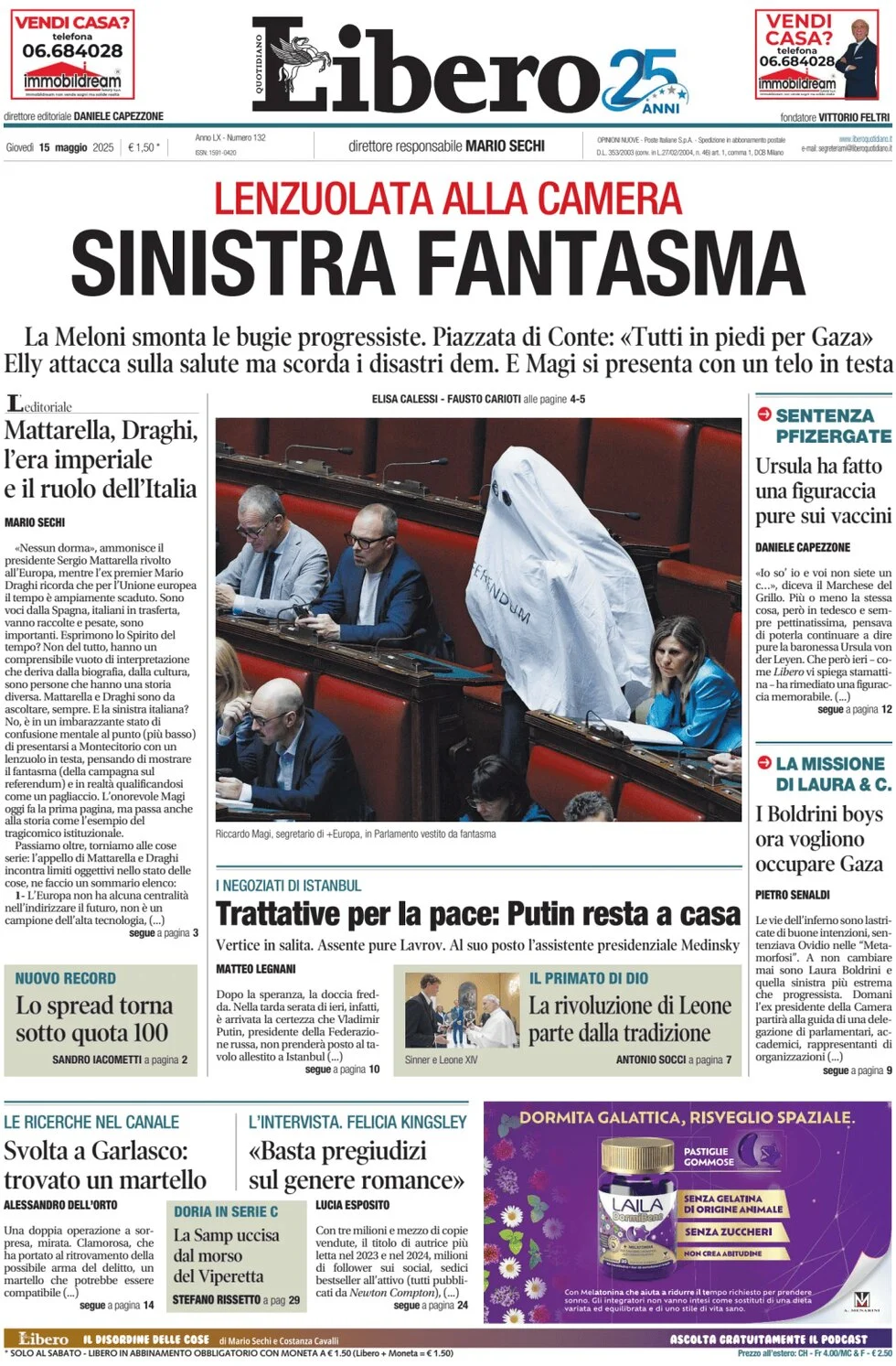 anteprima della prima pagina di libero-quotidiano del 15/05/2025