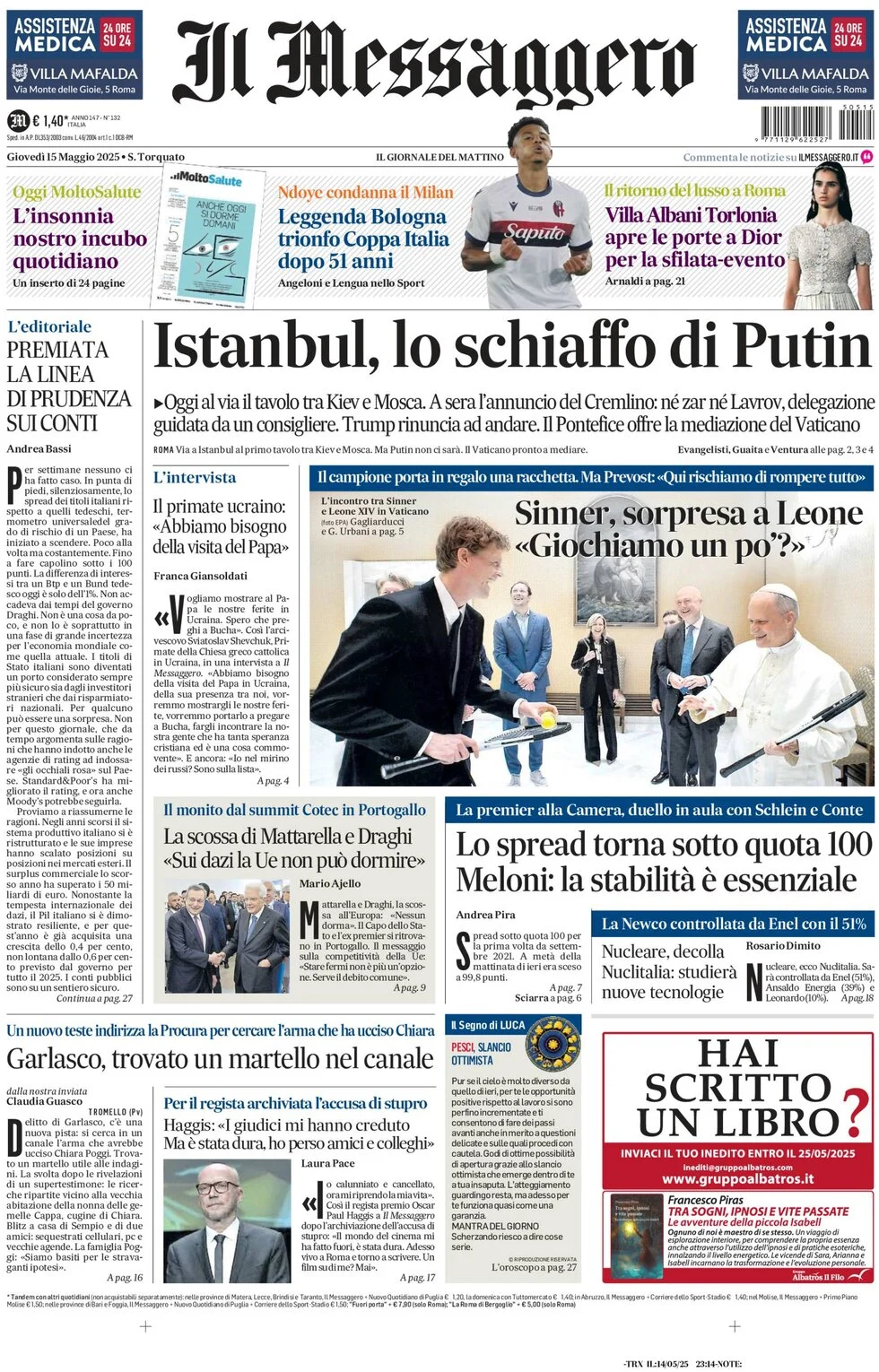 anteprima della prima pagina di il-messaggero del 15/05/2025