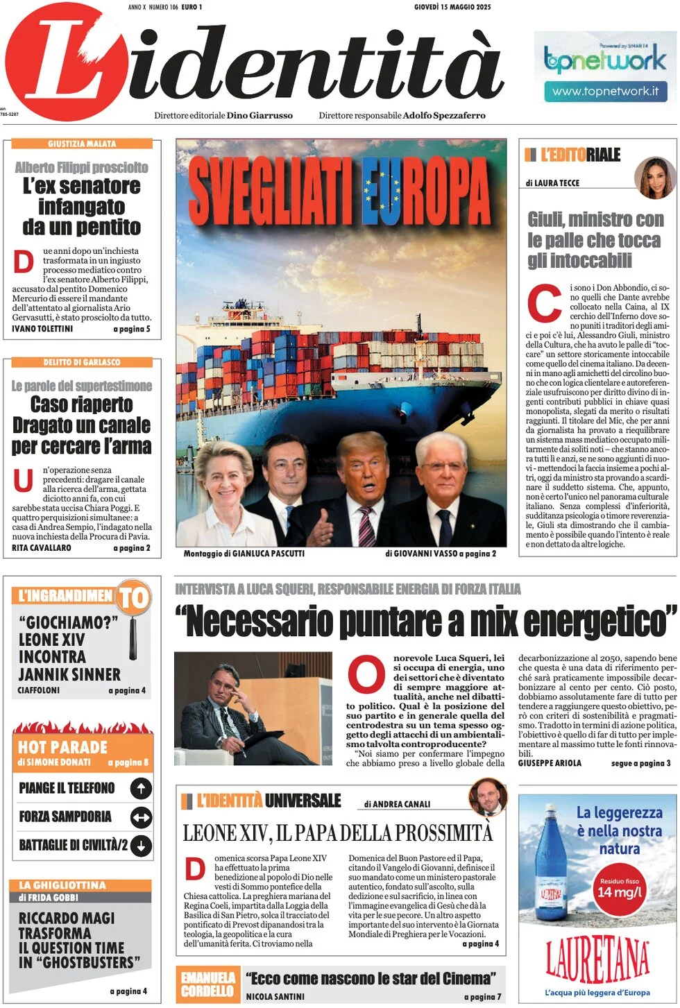 anteprima della prima pagina di lidentit del 15/05/2025