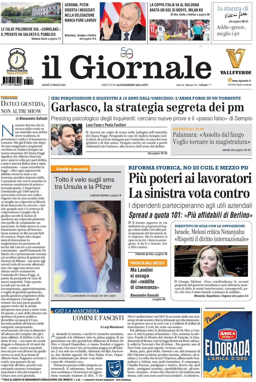 anteprima della prima pagina di il-giornale del 15/05/2025