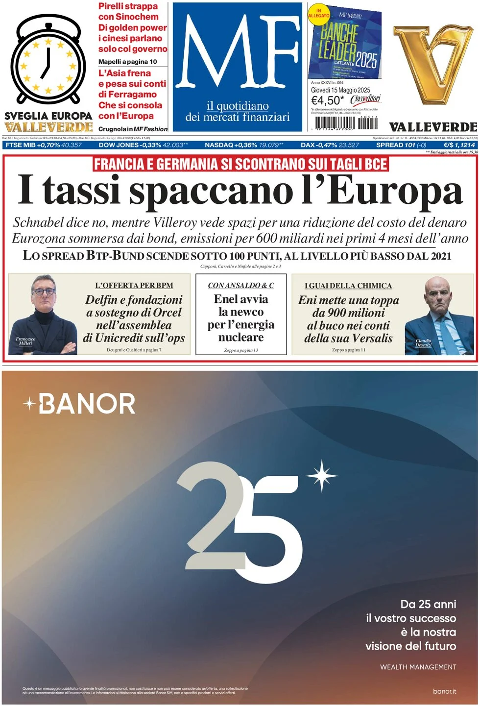 anteprima della prima pagina di mf-milano-finanza del 15/05/2025