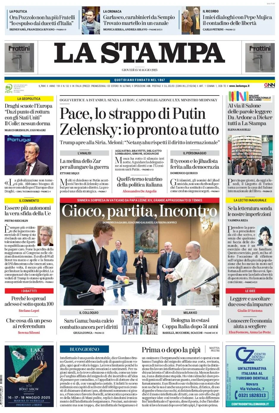 anteprima della prima pagina di la-stampa del 15/05/2025