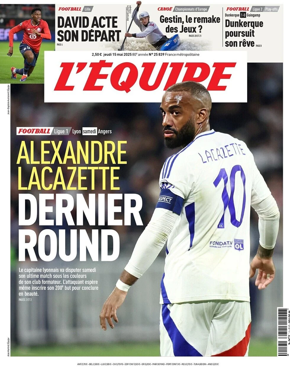 anteprima della prima pagina di lequipe del 15/05/2025