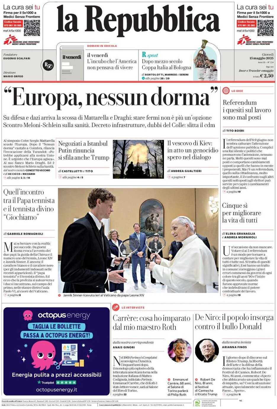 anteprima della prima pagina di la-repubblica del 15/05/2025