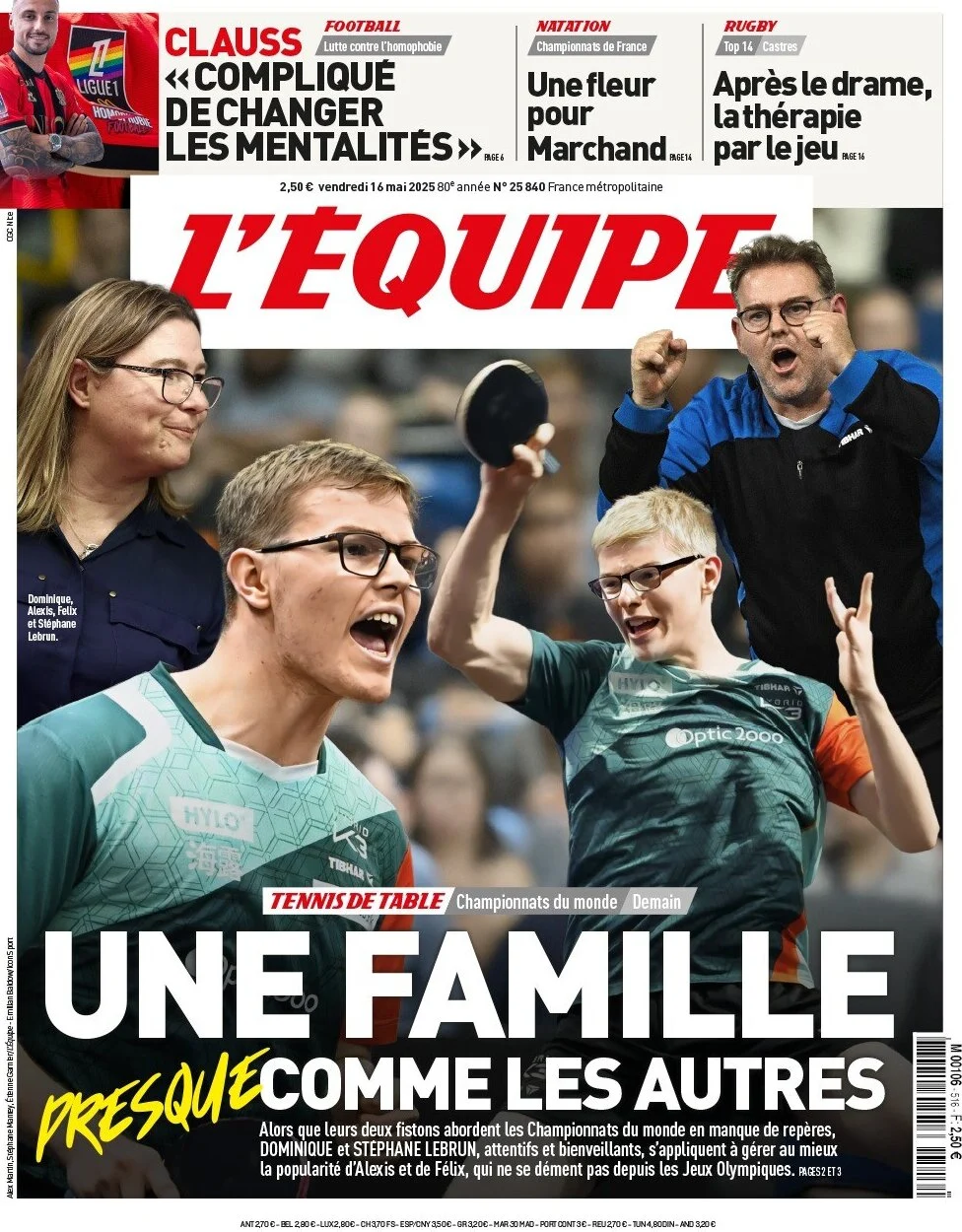 anteprima della prima pagina di lequipe del 16/05/2025