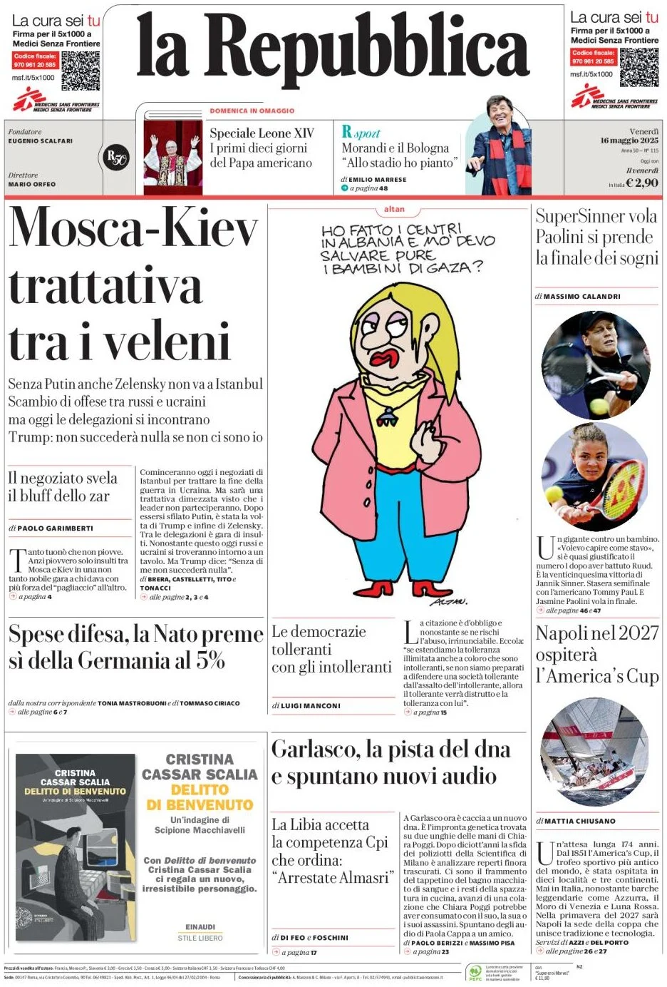 anteprima della prima pagina di la-repubblica del 16/05/2025