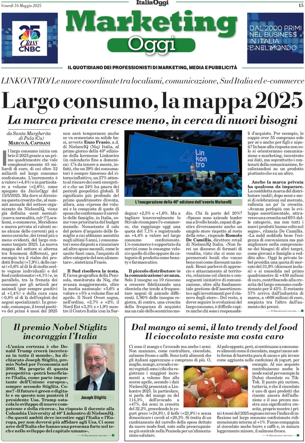 anteprima della prima pagina di marketing-oggi del 16/05/2025