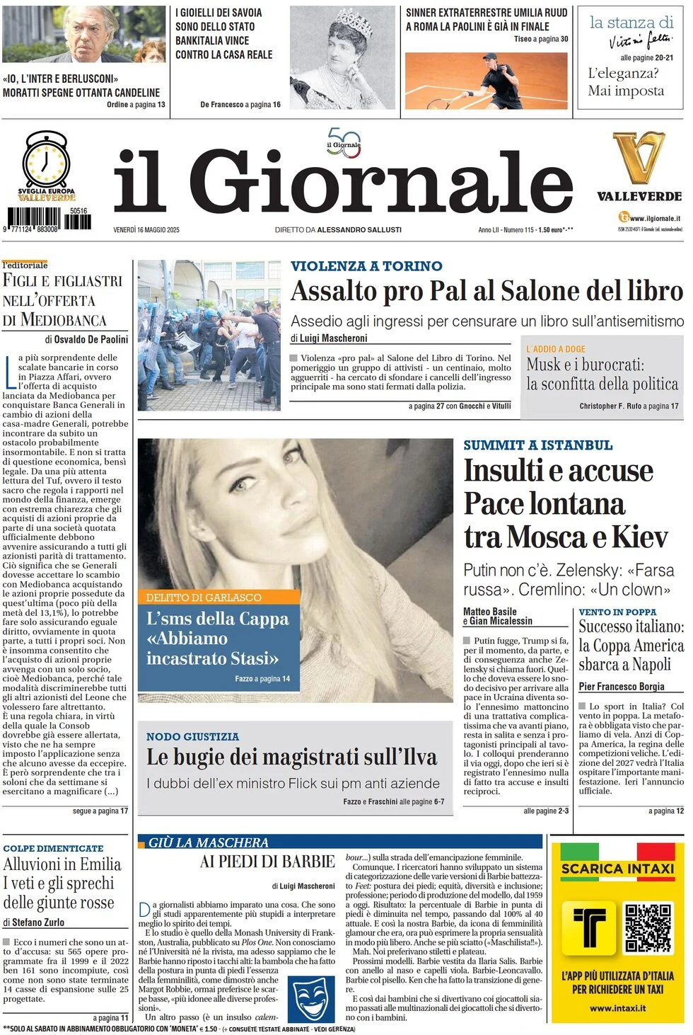 anteprima della prima pagina di il-giornale del 16/05/2025