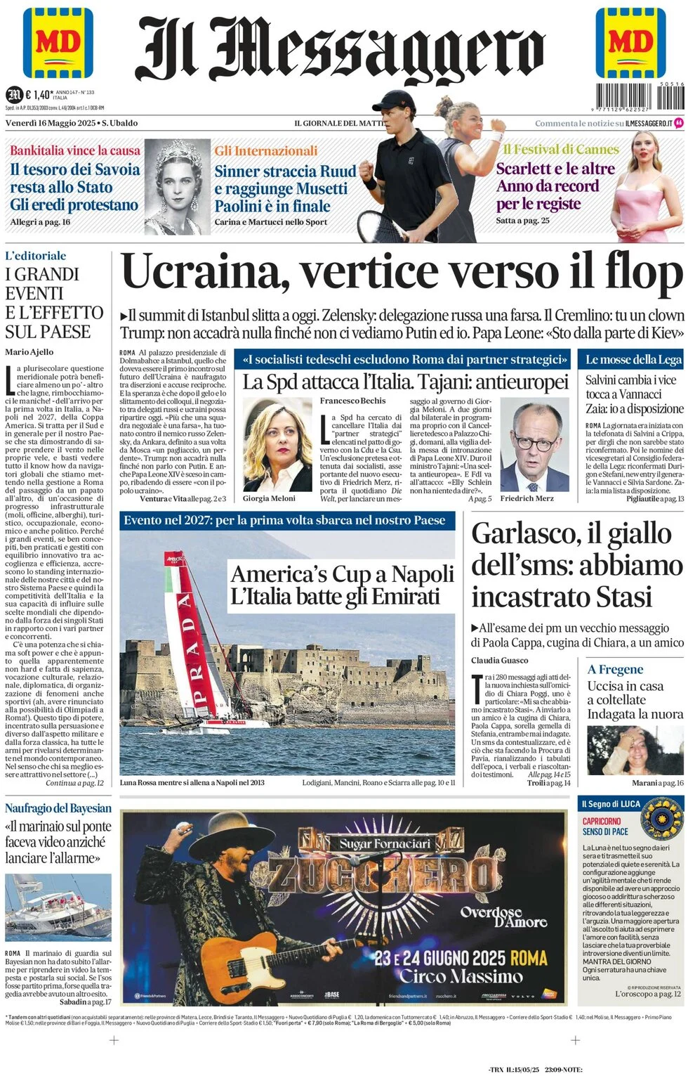anteprima della prima pagina di il-messaggero del 16/05/2025