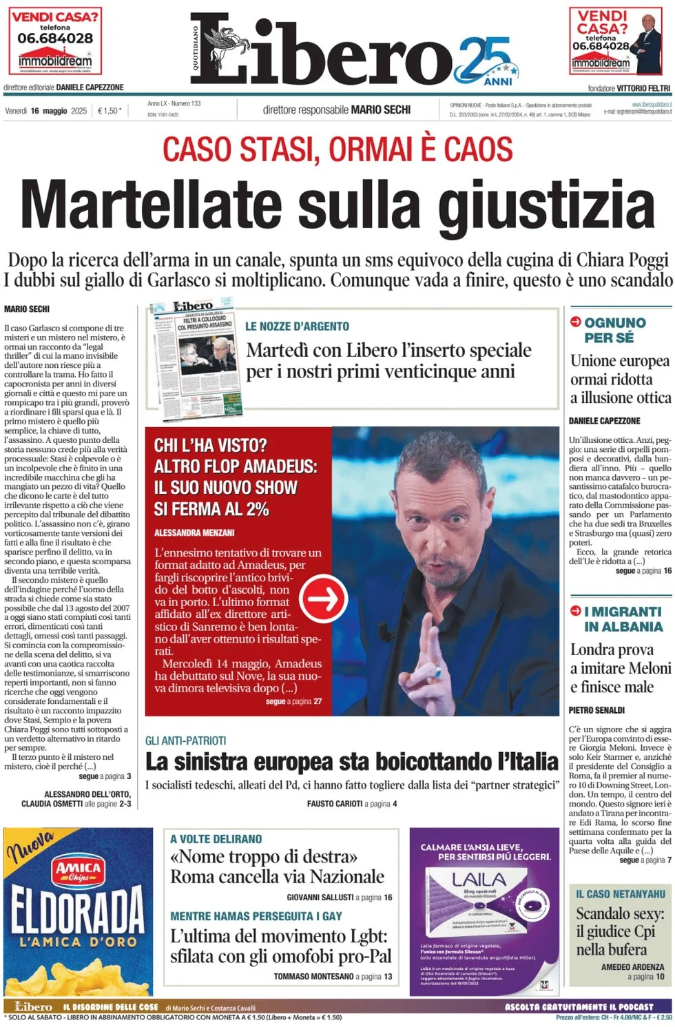 anteprima della prima pagina di libero-quotidiano del 16/05/2025