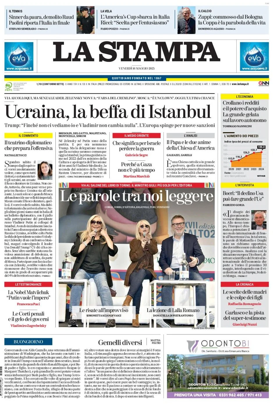 anteprima della prima pagina di la-stampa del 16/05/2025