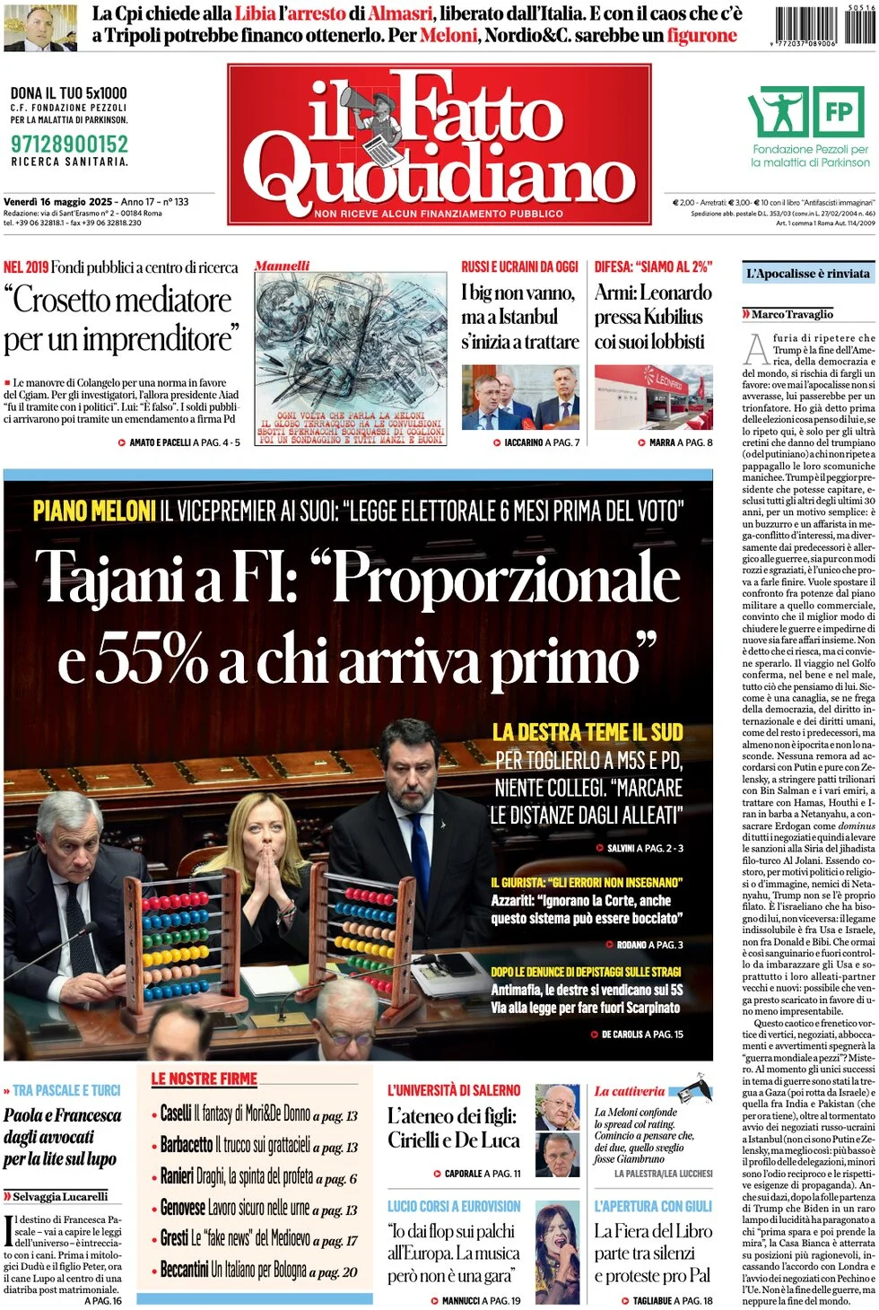 anteprima della prima pagina di il-fatto-quotidiano del 16/05/2025