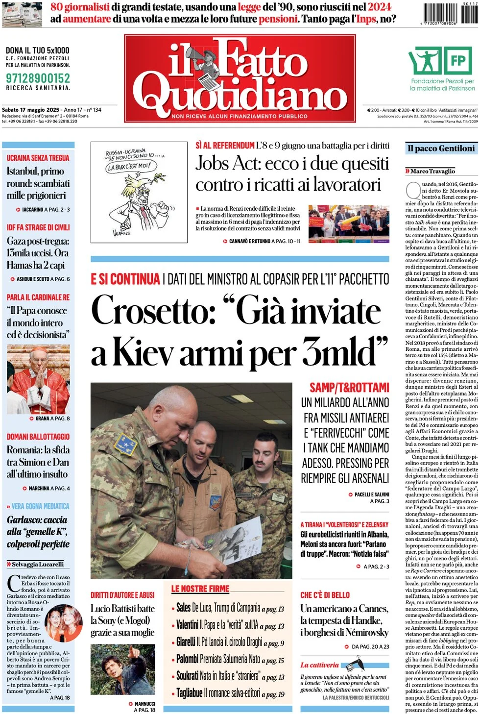 anteprima della prima pagina di il-fatto-quotidiano del 17/05/2025