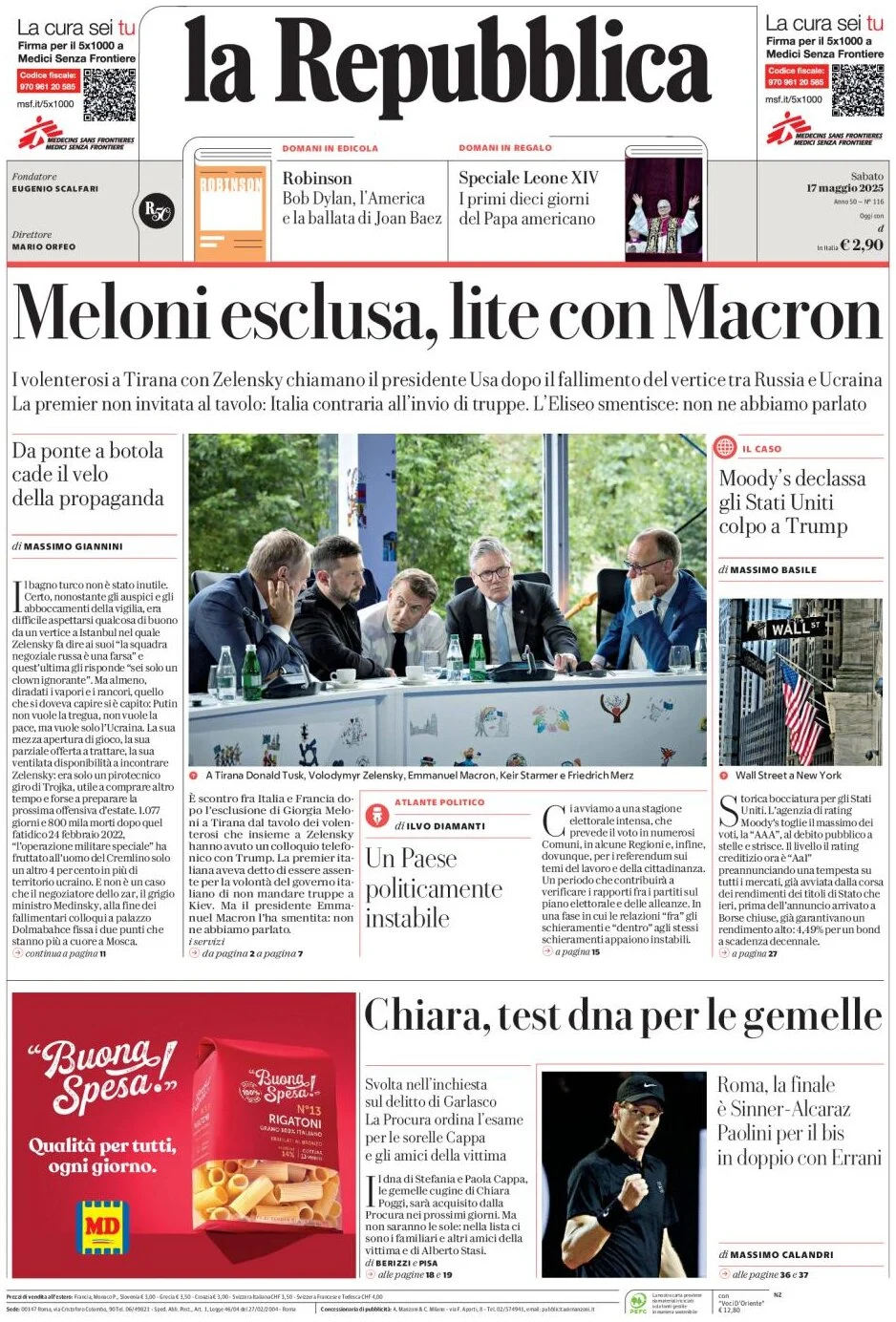 anteprima della prima pagina di la-repubblica del 17/05/2025
