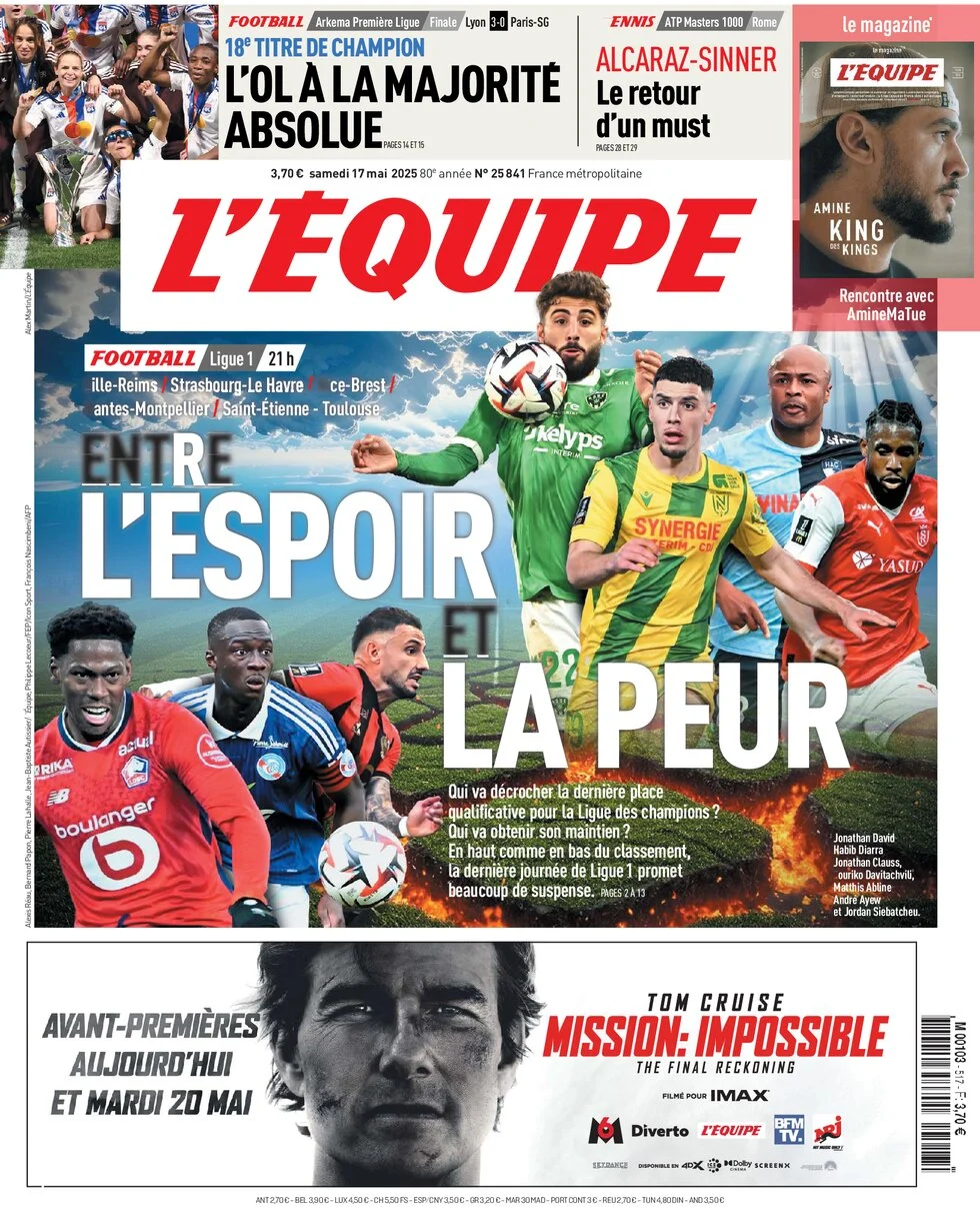 anteprima della prima pagina di lequipe del 17/05/2025