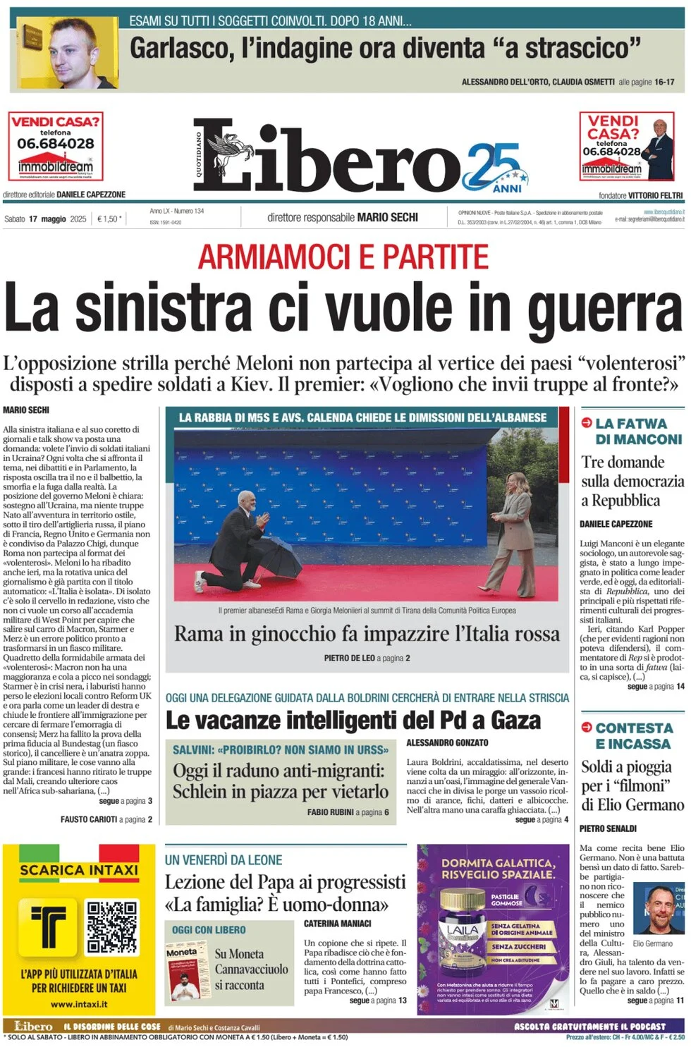 anteprima della prima pagina di libero-quotidiano del 17/05/2025