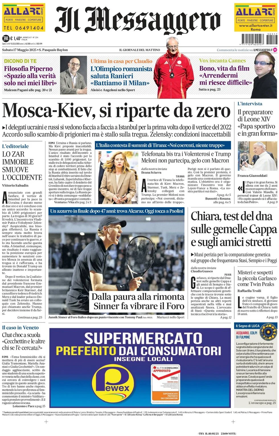 anteprima della prima pagina di il-messaggero del 17/05/2025