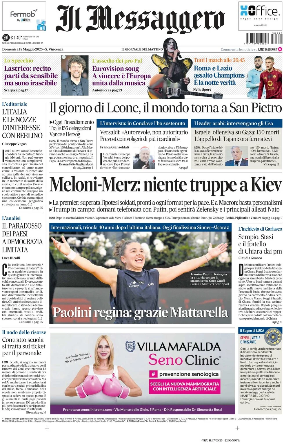 anteprima della prima pagina di il-messaggero del 18/05/2025