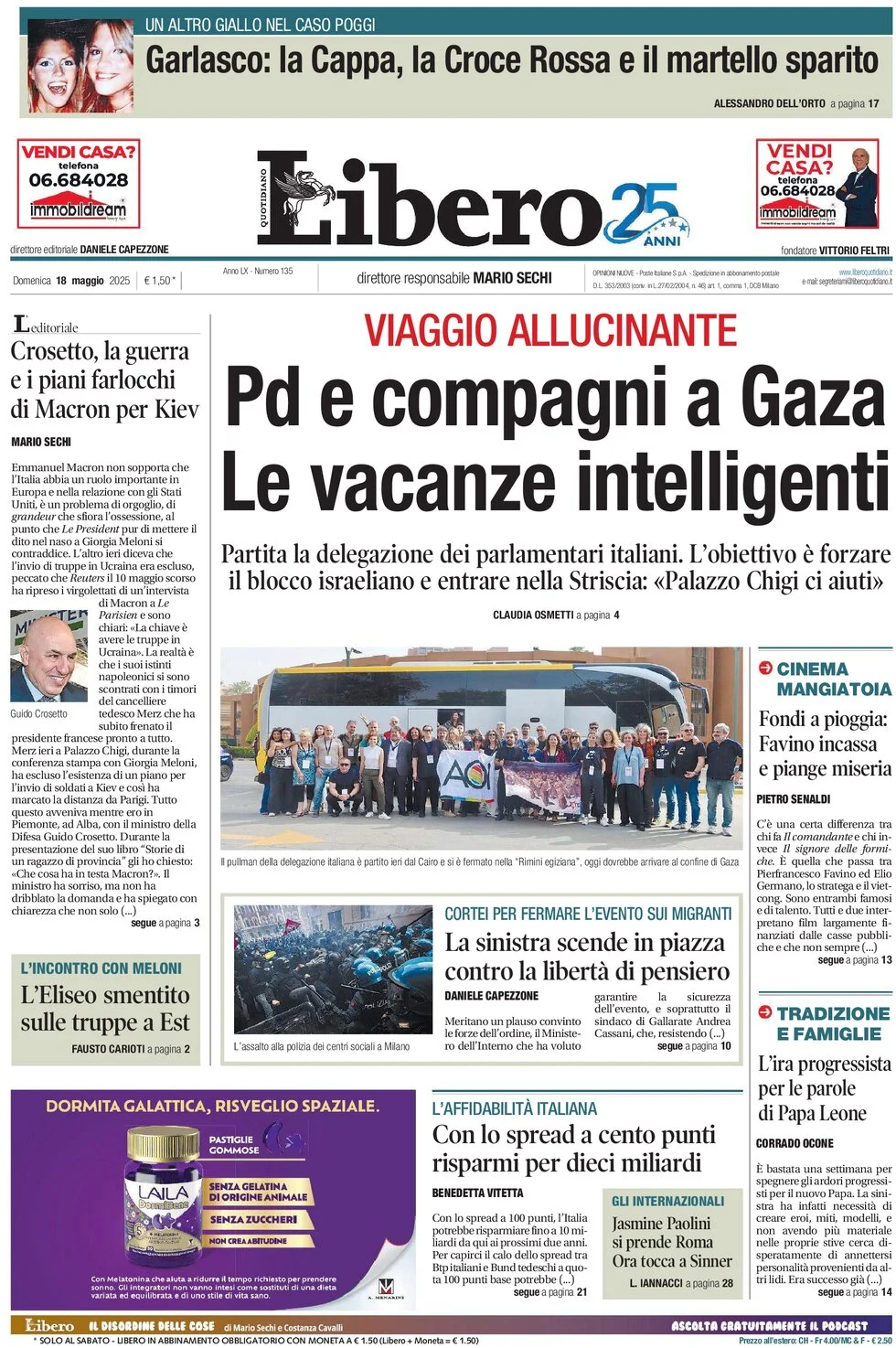 anteprima della prima pagina di libero-quotidiano del 18/05/2025