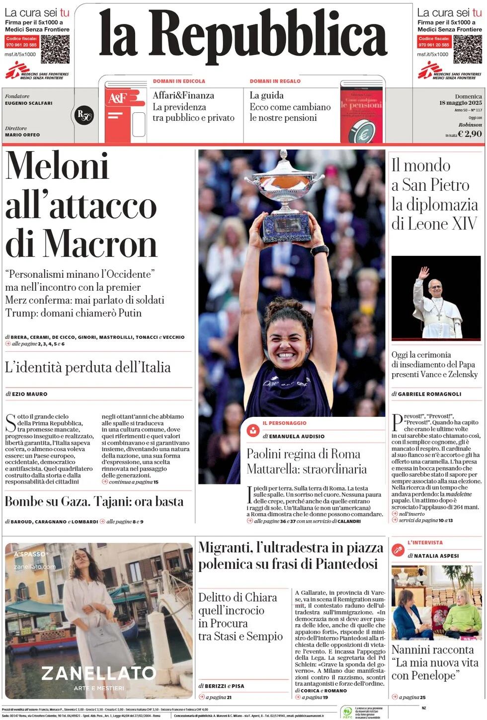 anteprima della prima pagina di la-repubblica del 18/05/2025