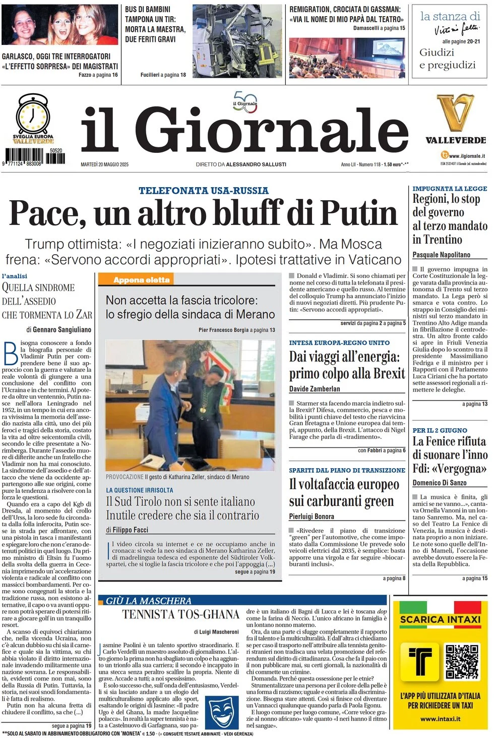 anteprima della prima pagina di il-giornale del 20/05/2025