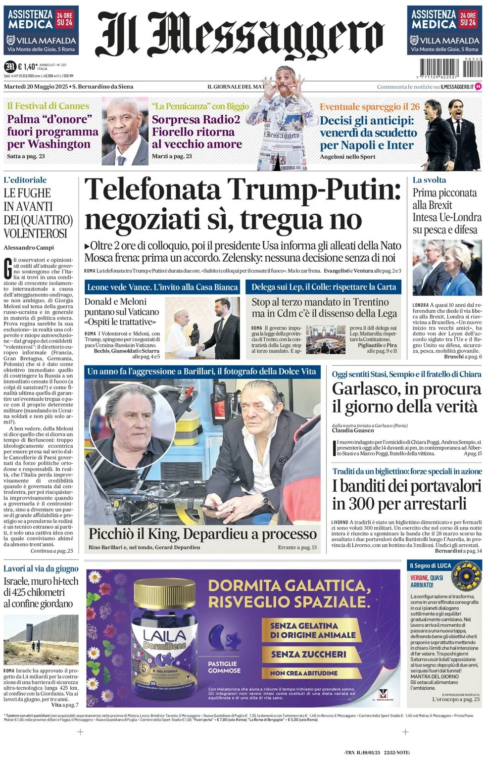 anteprima della prima pagina di il-messaggero del 20/05/2025