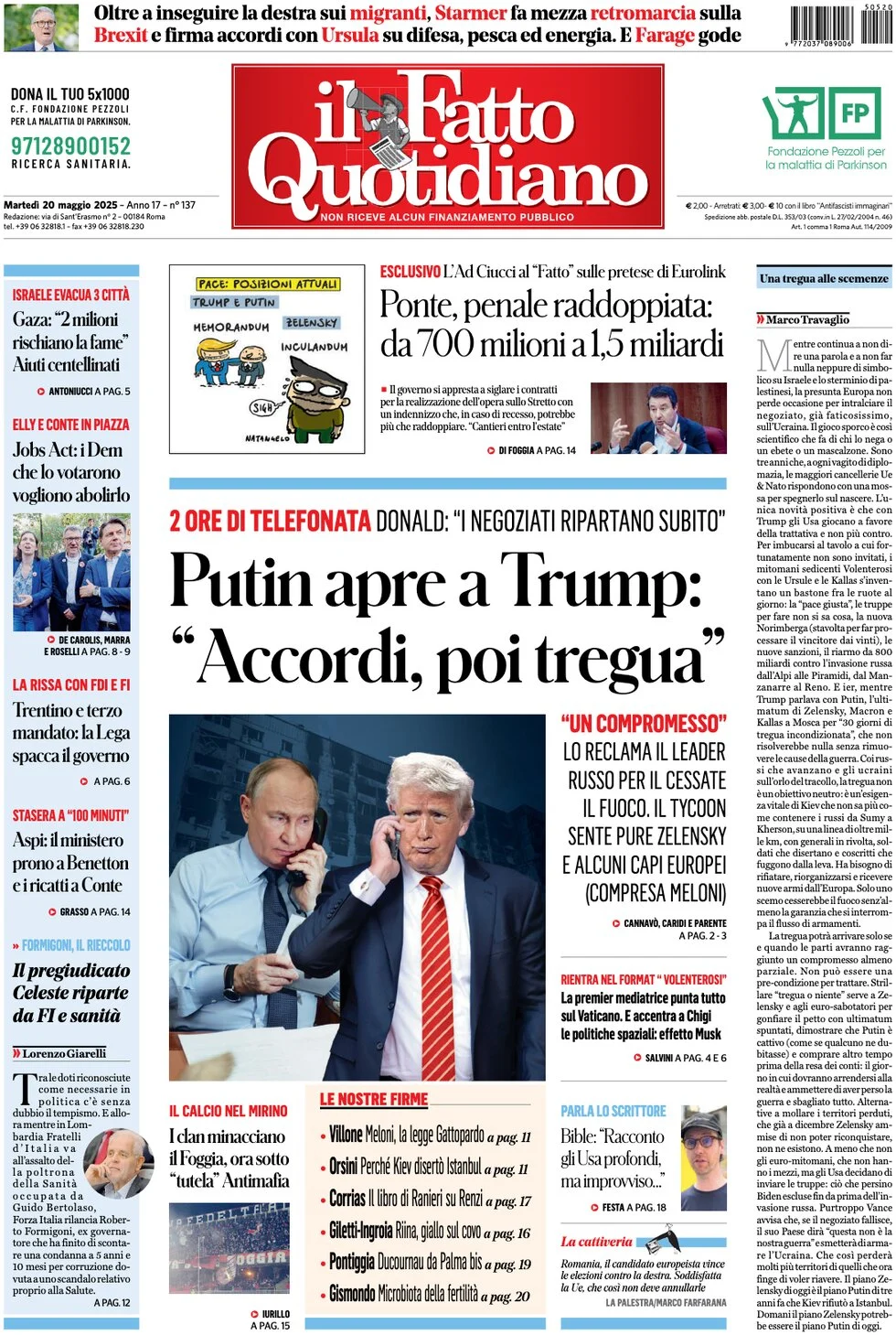 anteprima della prima pagina di il-fatto-quotidiano del 20/05/2025