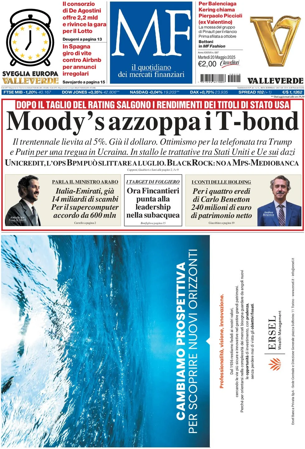 anteprima della prima pagina di mf-milano-finanza del 20/05/2025