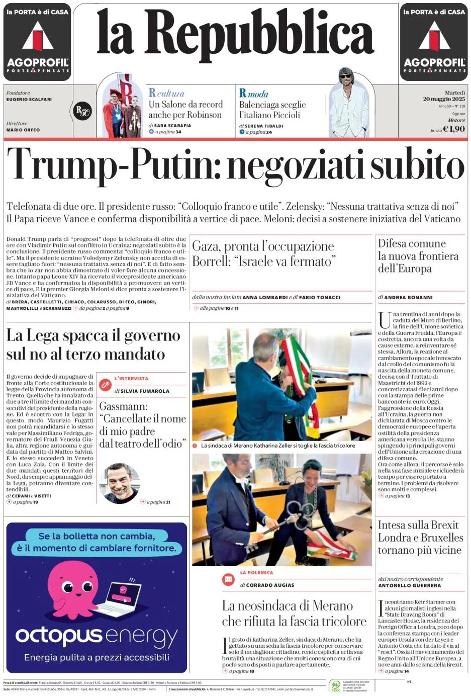 anteprima della prima pagina di la-repubblica del 20/05/2025