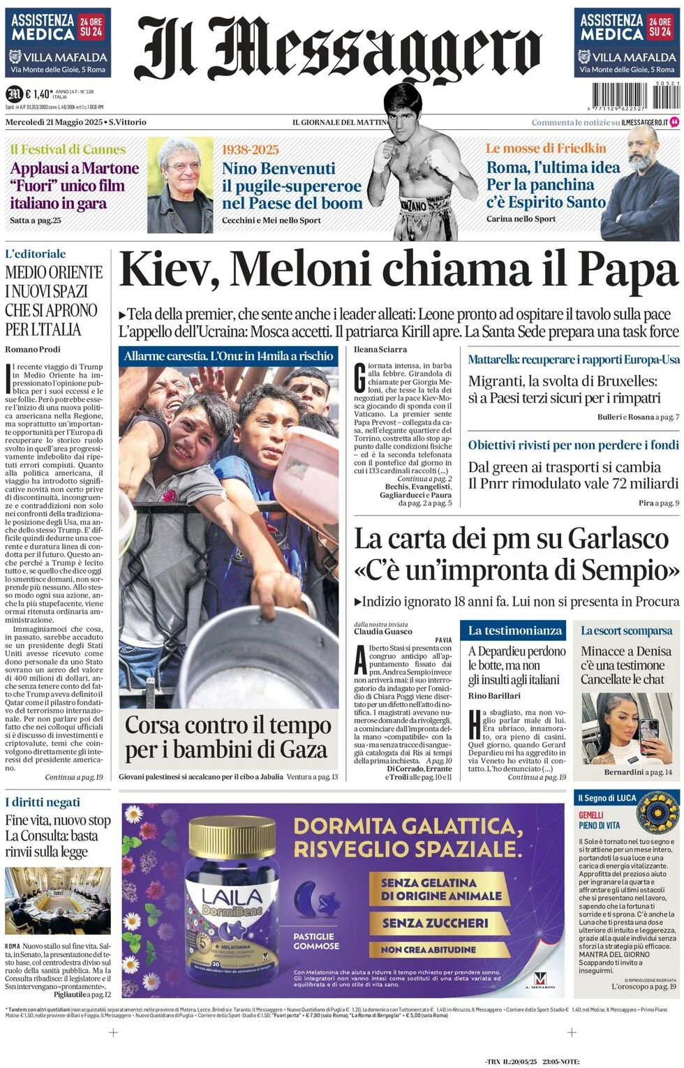anteprima della prima pagina di il-messaggero del 21/05/2025