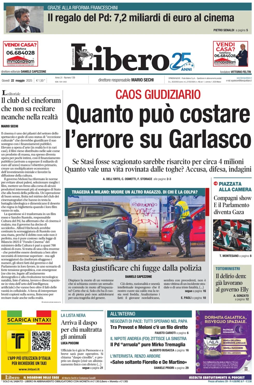 Anteprima prima pagina della rasegna stampa di ieri 2025-05-22 - libero/