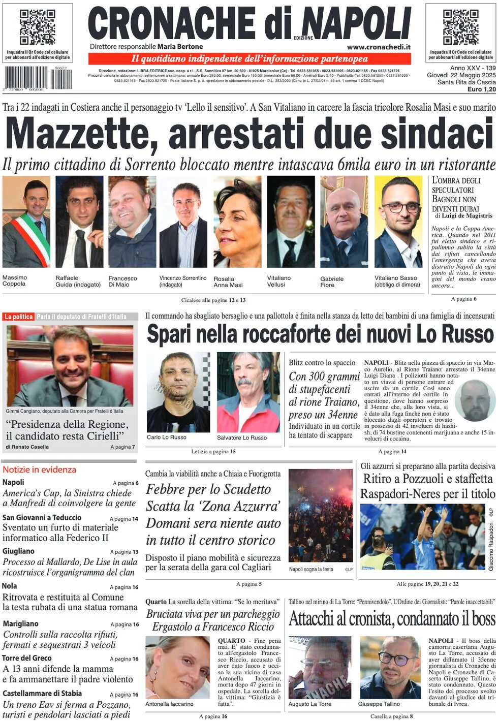 Anteprima prima pagina della rasegna stampa di ieri 2025-05-22 - cronache-di-napoli/