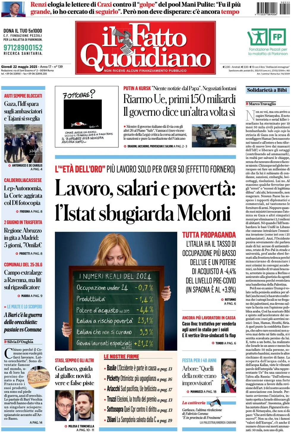 Anteprima prima pagina della rasegna stampa di ieri 2025-05-22 - il-fatto-quotidiano/