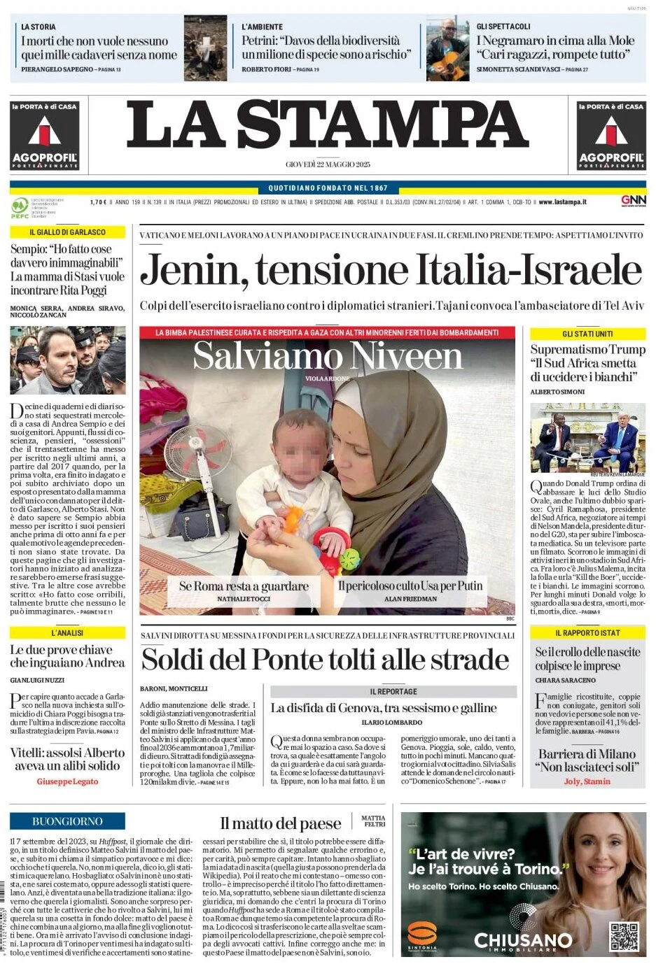 anteprima della prima pagina di la-stampa del 22/05/2025