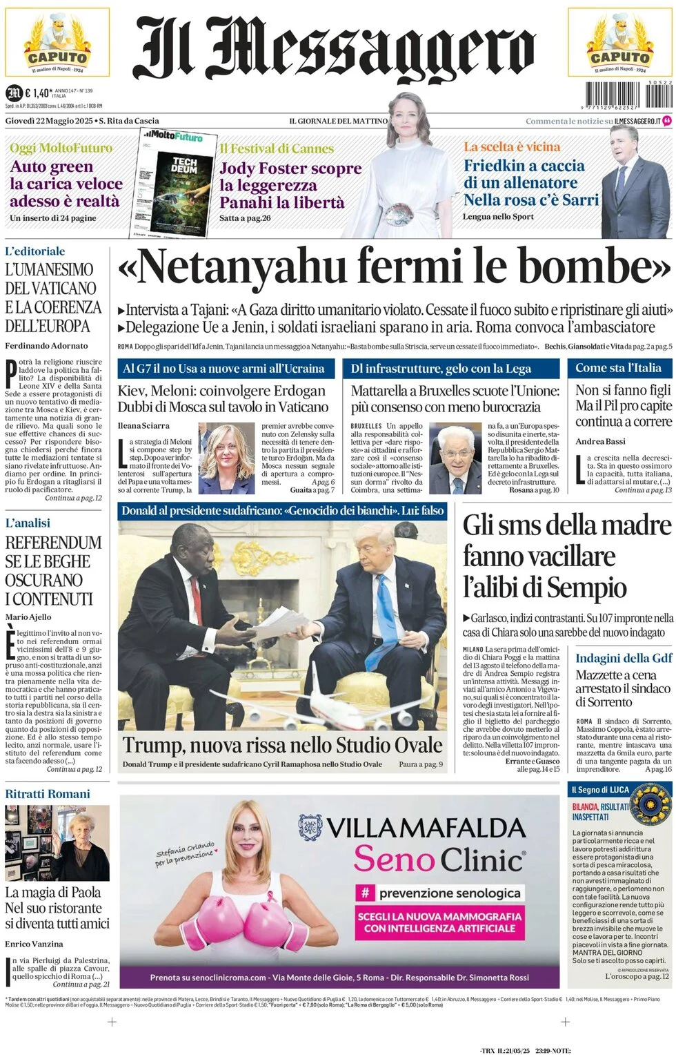 anteprima della prima pagina di il-messaggero del 22/05/2025