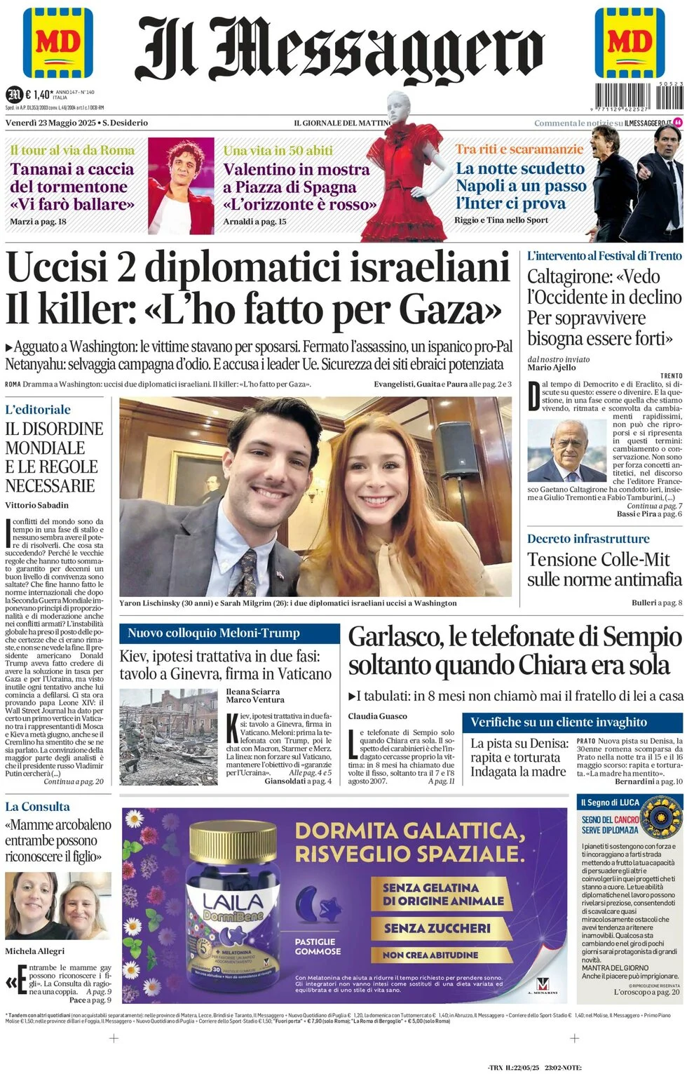 anteprima della prima pagina di il-messaggero del 23/05/2025