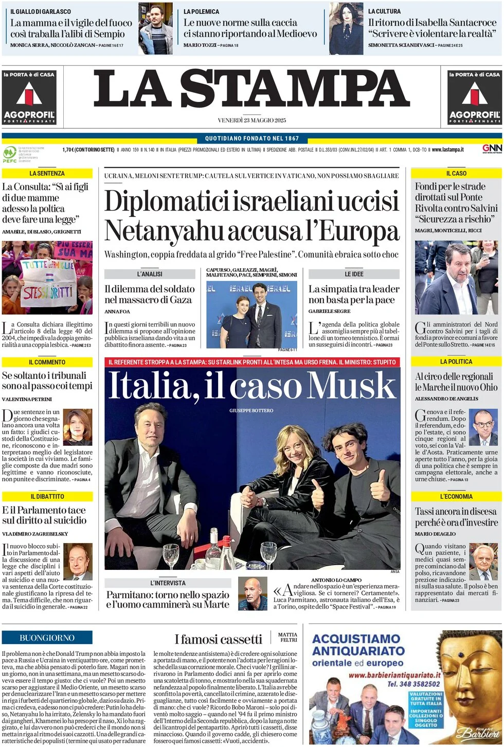 anteprima della prima pagina di la-stampa del 23/05/2025